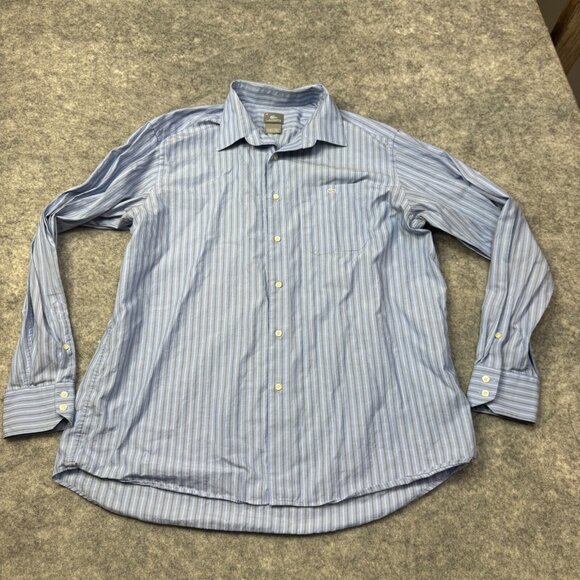 Lacoste Dress Shirt Mens 2XL Size 46 Blue Brown Striped Button Up Logo Pocket - Picture 1 of 9